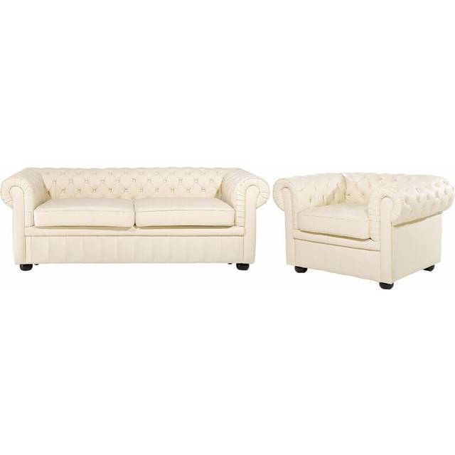 Leather Living Room Set Cream CHESTERFIELD
