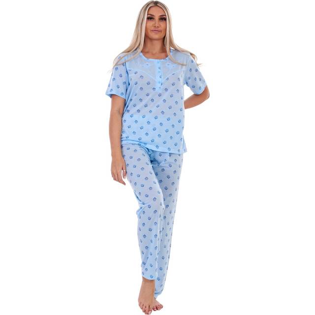 (Blue, 3XL) Ladies Pyjama Set Floral Printed Short Sleeve Buttons Plus Nightwear M to 6XL