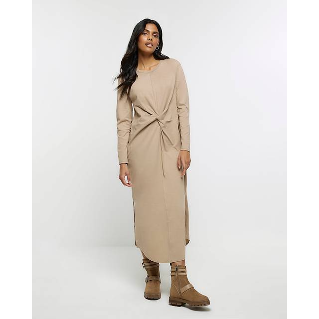 River Island Womens Beige Knot Long Sleeve T-Shirt Midi Dress - 18