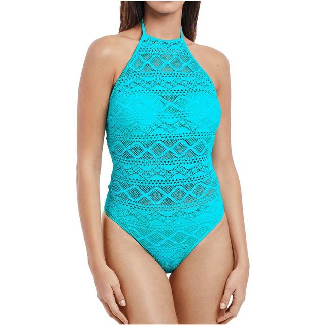 Freya Womens Ladies Crochet Design Sundance High Neck Swimsuit - Blue, Size: 32E Polyamide - Size 32E