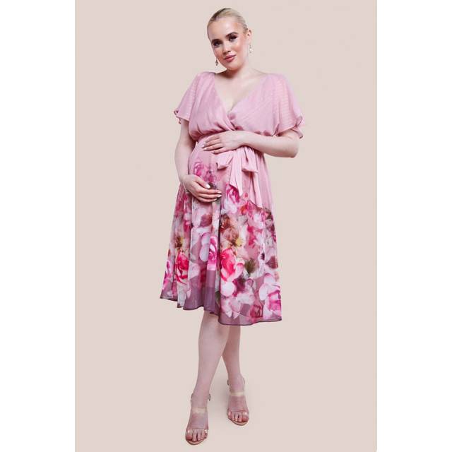 Maternity Chiffon Lurex Floral Border Print Midi Dress - Blush by Goddiva - 14