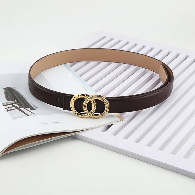 (Coffee) Versatile Belt And Slimming With Double Ring Metal Buckle Belt Dress Decoration
