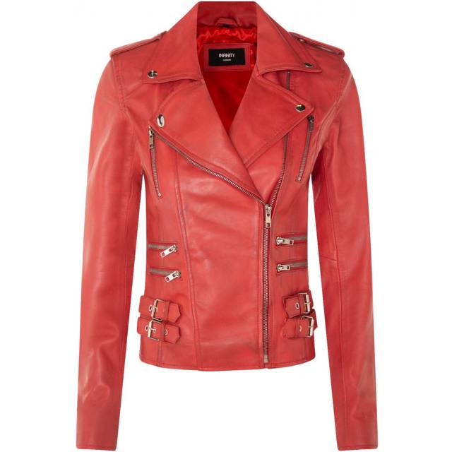 Womens Leather Brando Biker Jacket-Loddon - Red - 20
