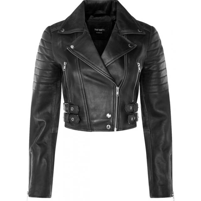 Infinity Leather Womens Brando Cropped Jacket-Longtown - Black Lamb Leather - Size 14 UK