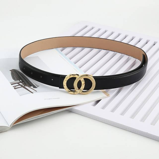 (Black) Versatile Belt And Slimming With Double Ring Metal Buckle Belt Dress Decoration