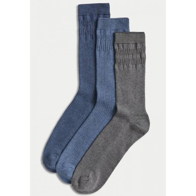 Marks & Spencer M&S Mens 3 Pack Gentle Grip Cool & Fresh Socks Blue Mix - Multicolour Cotton - Size 8-9 (UK Shoe)
