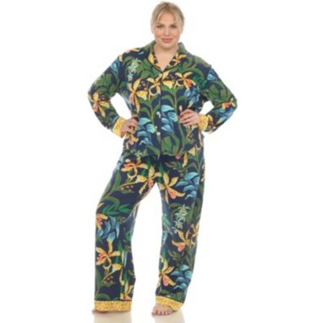 White Mark PS3612-02-3X Navy Plus Size Two Piece Wildflower Print Pajama Set - 3X