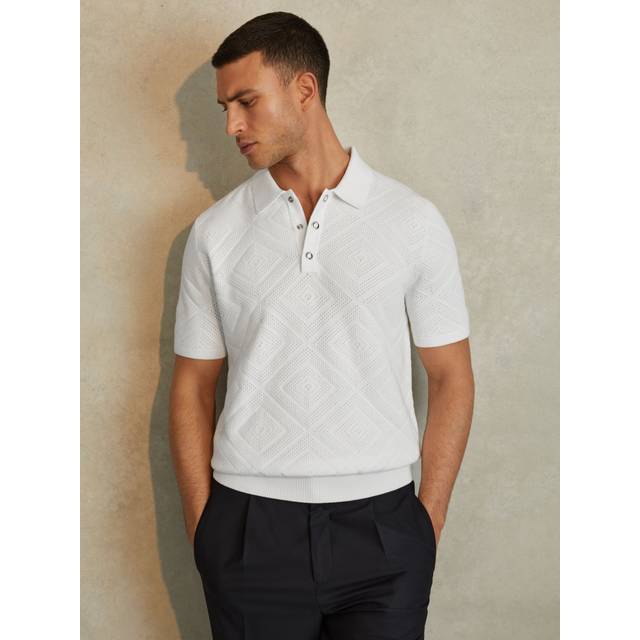 Reiss Mens Optic White Lupton Geometric-texture Cotton Polo Shirt L - OPTIC WHITE