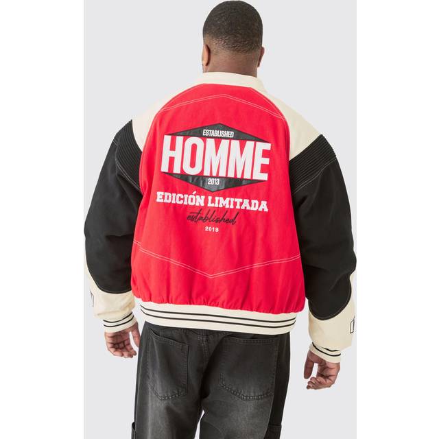 Mens Red Plus Boxy Twill Biker Panel Moto Jacket