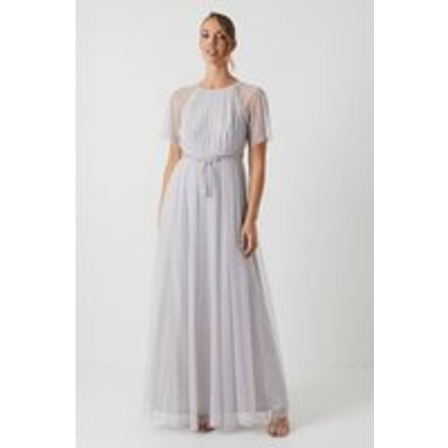 Bow Detail Angel Sleeve Mesh Bridesmaids Maxi Dress - Grey Mist - 10