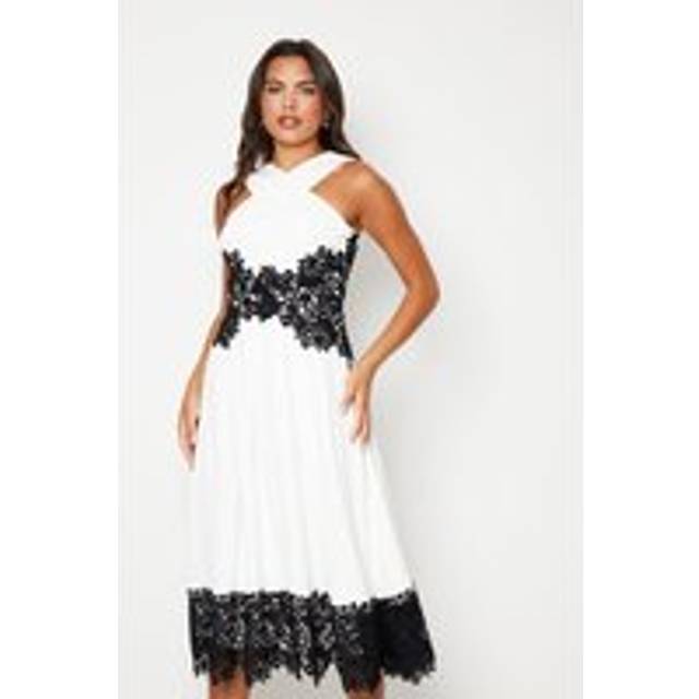 Cross Front Halter Neck Crepe Midi Wedding Guest Dress With Lace Trims - Mono - 10