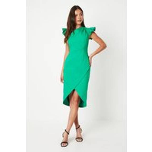 Frill Shoulder Asymmetrical Wrap Pencil Dress - Green - 8
