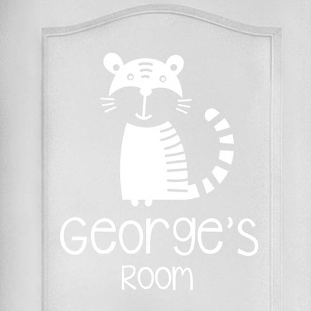 Personalised Tiger Kids Door Room Wall Sticker - White (48cm H X 40cm W)