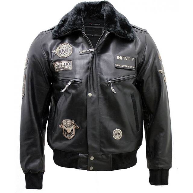 Infinity Leather Mens Cow Hide Detachable Collar Flight Bomber Jacket - Black - Size 2XL