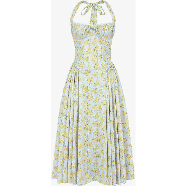 House of Cb Womens Soft Blue Vintage Adabella Flower-pint Cotton-blend Midi Dress L