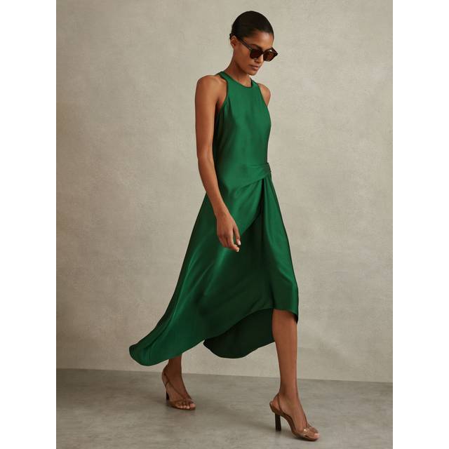 Reiss Womens Green Micah Draped-front Satin Midi Dress 10 - GREEN