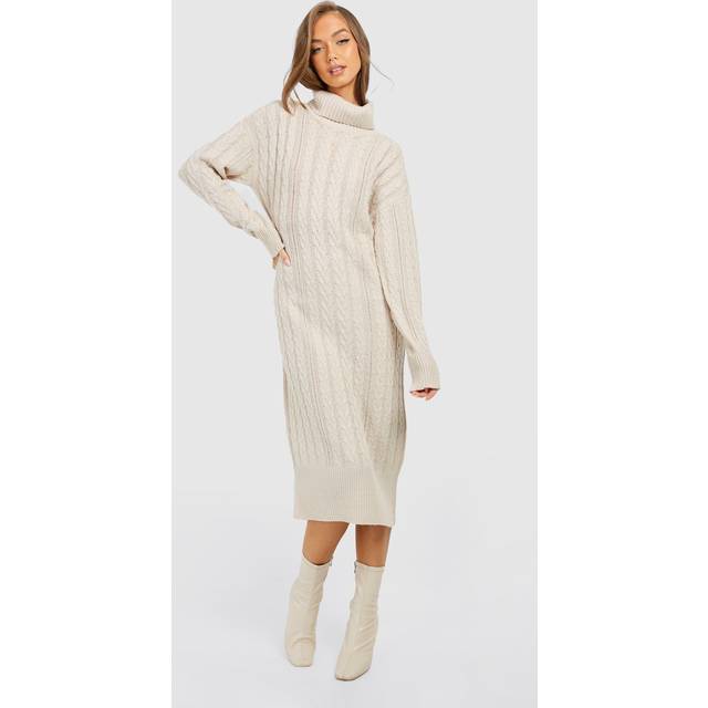 Womens Cable Knit Roll Neck Midi Dress - Beige - M, Beige