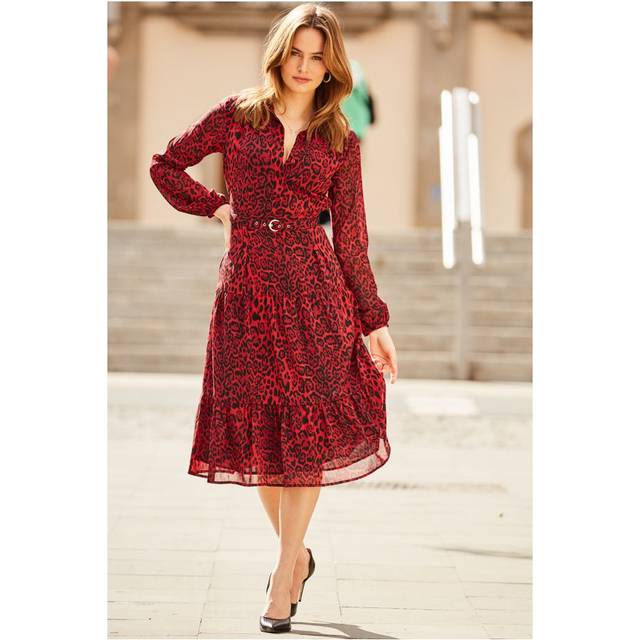 Sosandar Womens Red & Black Leopard Print Tiered Midi Shirt Dress - Size 10 UK