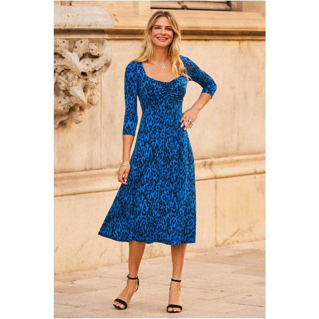 Sosandar Womens Blue & Black Leopard Print Sweetheart Neckline Midi Dress - Animal - Size 8 UK