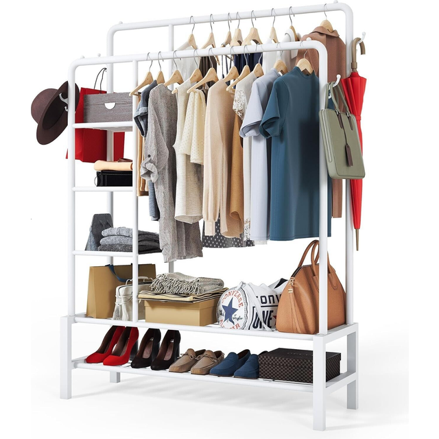 Heavy Duty Double Clothes Rail with Shoe Racks and Storage Shelves White - White