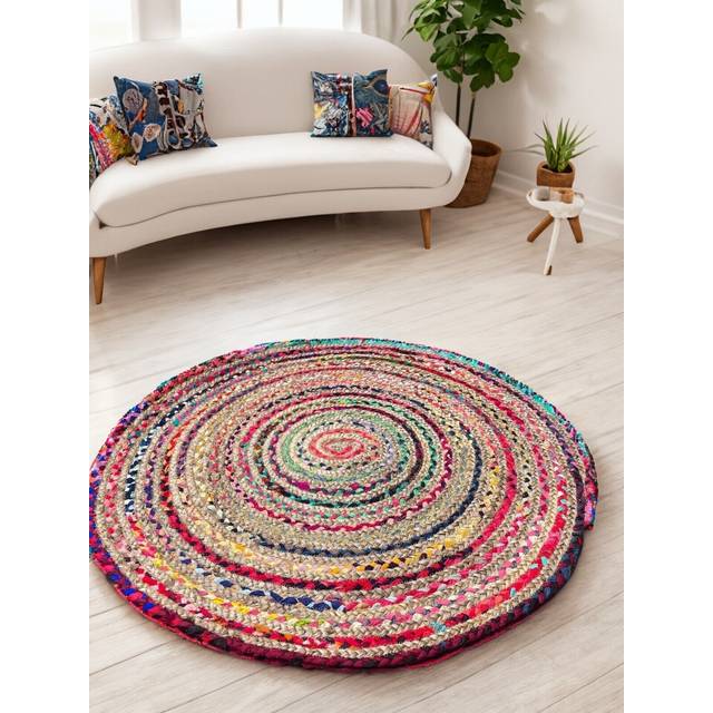 Mishran Eco Friendly Small Round Braided Rug Flat Weave with Natural Jute and Multi Colour Recycled Material 60 cm Diameter