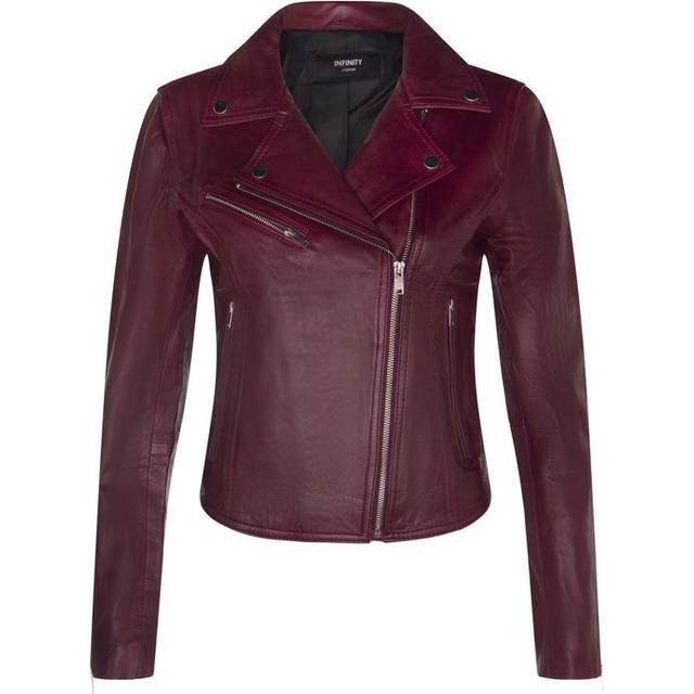 Infinity Leather Womens Classic Brando Biker Jacket-Loughton - Burgundy Lamb Leather - Size 12 UK