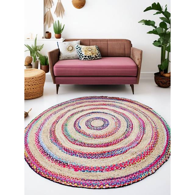 Fiesta Eco Friendly Small Round Braided Thick Stripe Rug Flat Weave with Natural Jute and Multi Colour Recycled Material 60 cm Diameter
