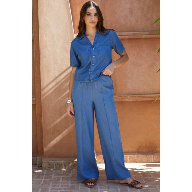 Light Pool Elasticated Waist Wide Leg Chambray Trousers - Light Blue - Size 12 - Threadbare