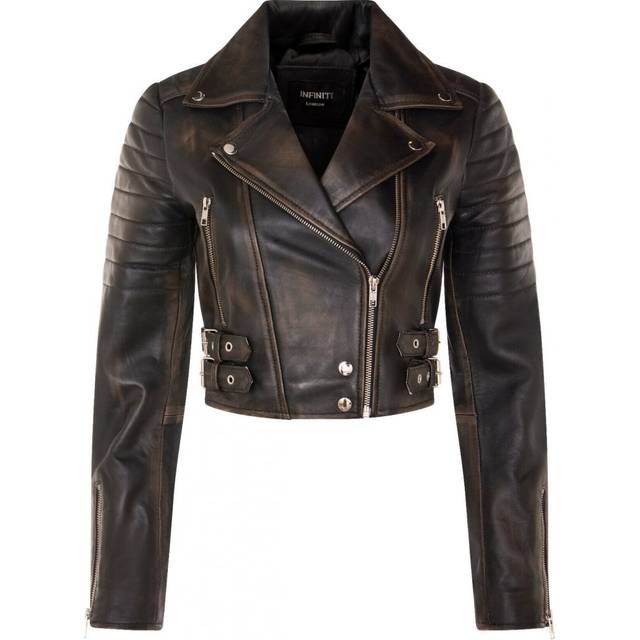 Infinity Leather Womens Brando Cropped Jacket-Longtown - Black Lamb Leather - Size 18 UK
