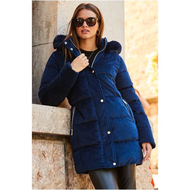 Sosandar Womens Navy Blue Luxe Velvet Padded Coat - Size 10 UK