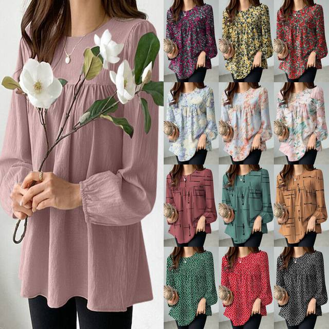 Women vintage round neck long sleeve tops holiday beach party shirt blouse plus