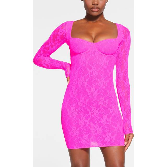 SKIMS Lined Long Sleeve Underwire Dress | Pink | 2XS | Stretch Lace - Neon Pink