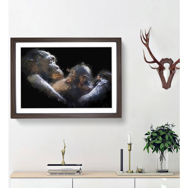 Gorilla Mother & Child in Abstract - Picture Frame Graphic Art Print - Walnut Framed (48cm H x 65cm W x 2cm D)