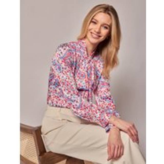 Hawes & Curtis White & Pink Floral Paisley Satin Pussybow Blouse Size: 6 - White/Pink