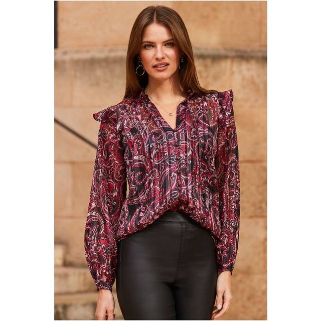 Sosandar Womens Burgundy Paisley Print Ruffle Shoulder Tie Neck Blouse - Pink - Size 14 UK