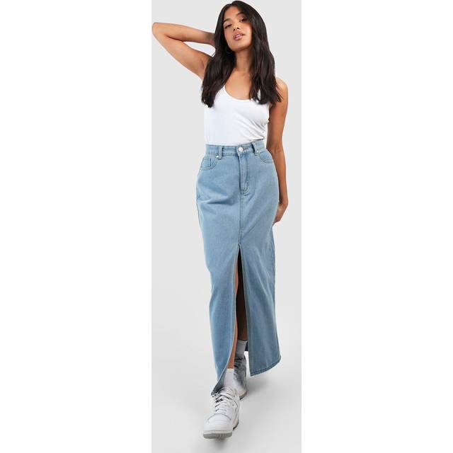 Womens Petite Light Wash Split Front Denim Midaxi Skirt - 6