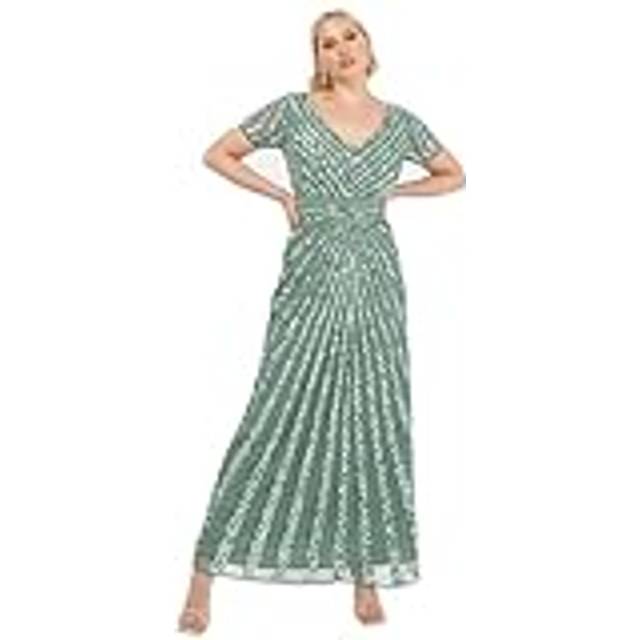 Short Sleeve Stripe Embellished Maxi Dress - Dark Green - 14