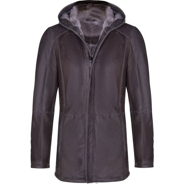 Infinity Leather Mens Sheepskin Hooded Parka Coat-Alafaya - Brown - Size Small