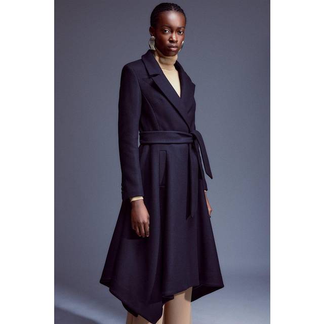 Italian Manteco Wool Blend Double Breasted Belted High Low Trench Coat - Black
