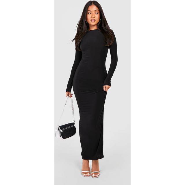 Womens Petite Slinky Scoop Neck Long Sleeve Maxi Dress - Black - 10, Black