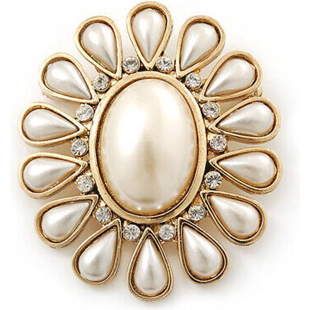 Vintage inspired gold plated simulated pearl, crystal oval brooch - 55mm across