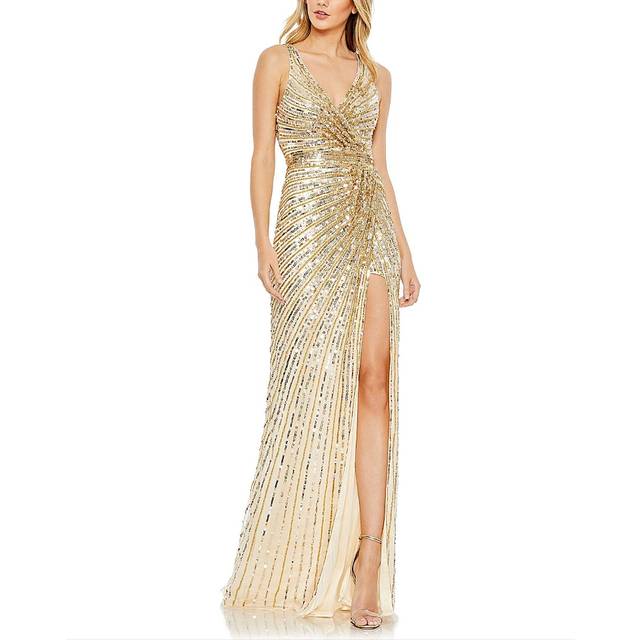 Mac Duggal Sequined Faux Wrap Sleeveless Gown