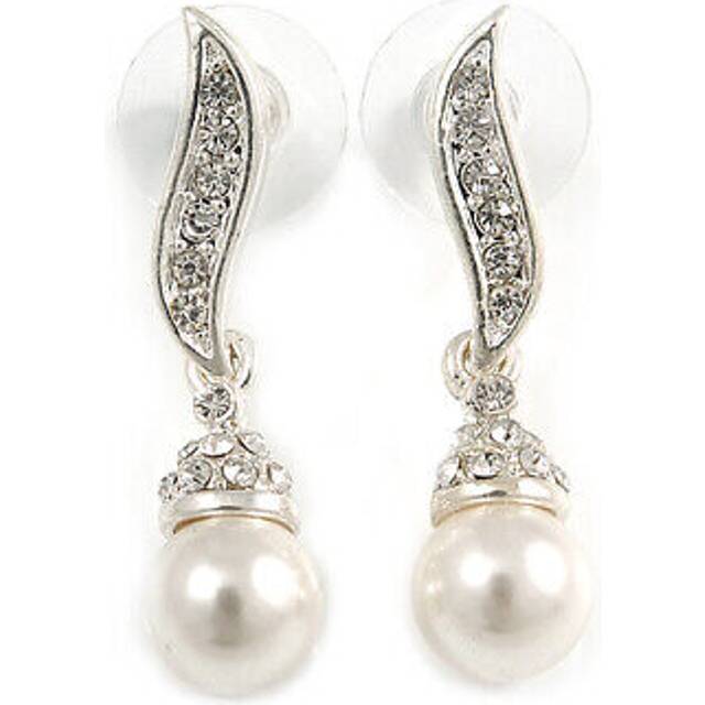 Prom diamante simulated pearl drop earrings in silver tone - 35mm long