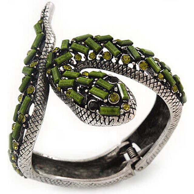 Vintage burn silver olive glass/crystal bead 'snake' hinged bangle - 18cm length