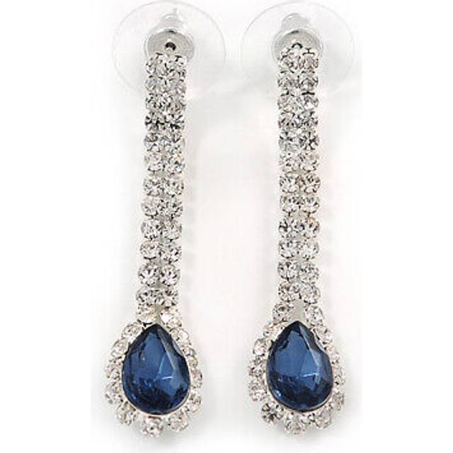 Bridal/ prom/ wedding clear/ midnight blue crystal teardrop earrings in silver
