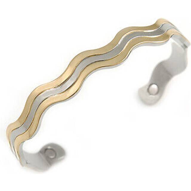 Men women two tone wavy design copper magnetic cuff bracelet with two magnets -