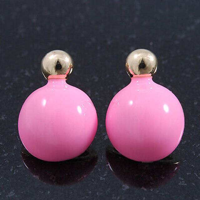 Teen baby pink enamel dome shaped stud earrings in gold plating - 20mm length