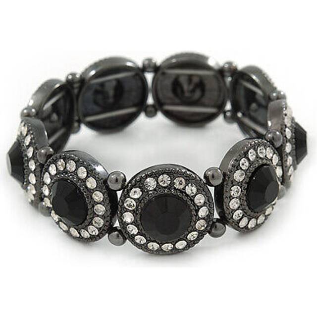 Victorian style round black/ clear glass crystal flex bracelet in black tone