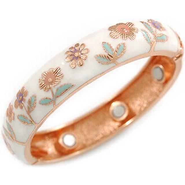White enamel floral copper magnetic hinged bangle bracelet with six magnets -