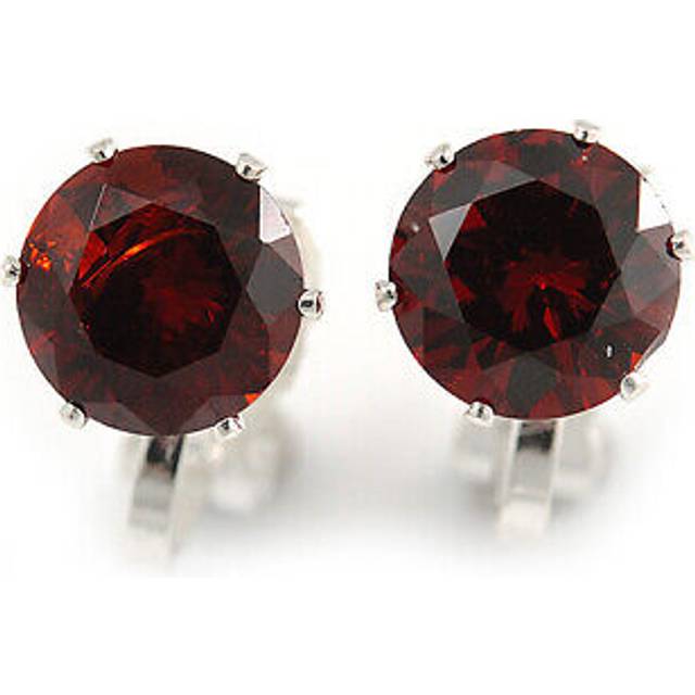 8mm burgundy red round cut cz clip on earrings in rhodium plating